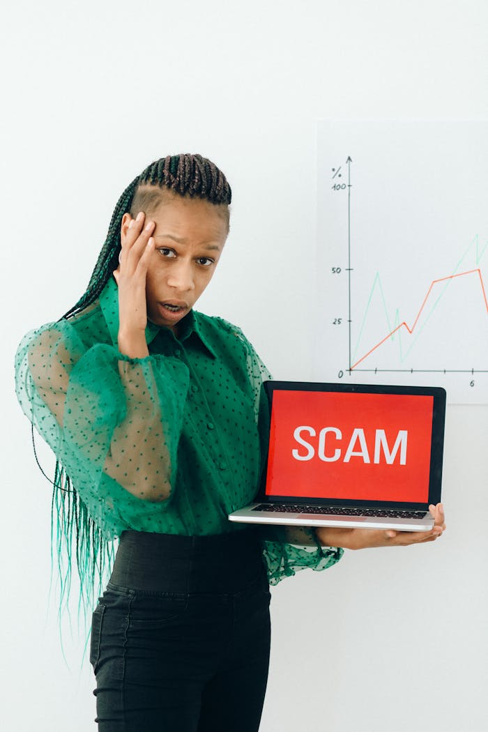 gallery-6 African American businesswoman shows a laptop displaying a scam warning, expressing shock.